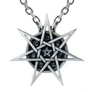 ALCHEMY GOTHIC ✦ Elven Star Septagram Necklace ✦ Pewter Onyx Planet Sigils NWT